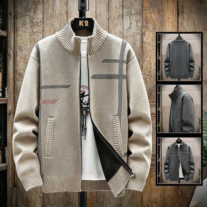 Men Fleece Lined Stand Collar Cardigan Sweater