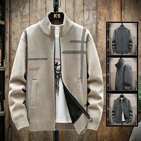 Men's Fleece Lined Full Zip Knit Cardigan with Stand Collar