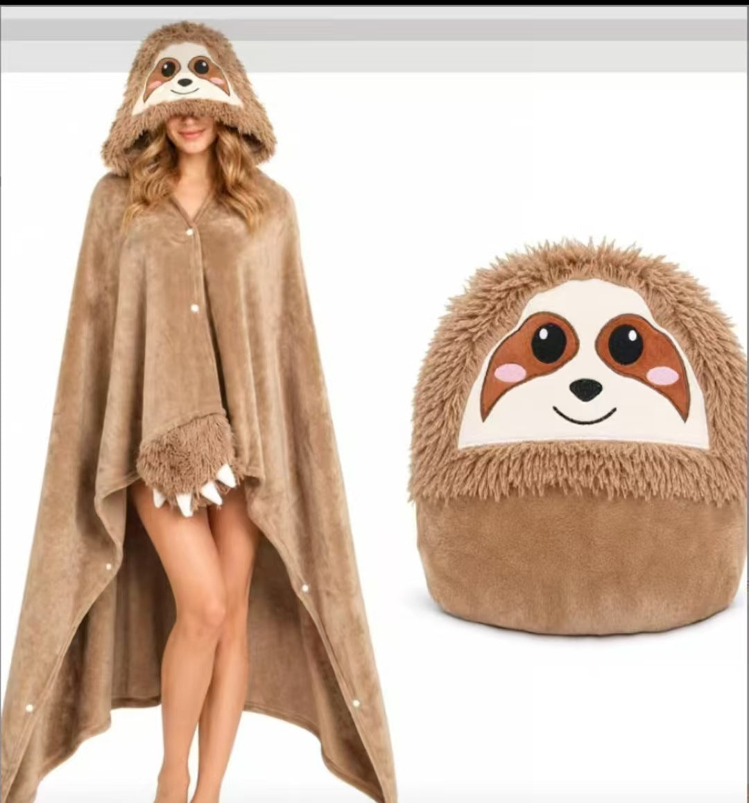 Sloth hooded cape blanket on a model with a plush sleepy face hood and paw cuffs
