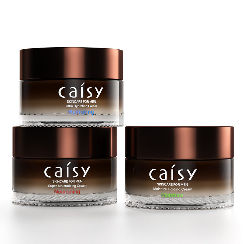 Option Moisture cream for men 50g: three Caisy jars, Ultra Hydrating, Super Moisturizing and Moisture Holding, on white