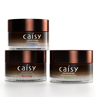 Option Moisture cream for men 50g: three Caisy jars, Ultra Hydrating, Super Moisturizing and Moisture Holding, on white