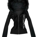 Black velour zip-up hooded jacket with a vegan fur trimmed hood shown from the front