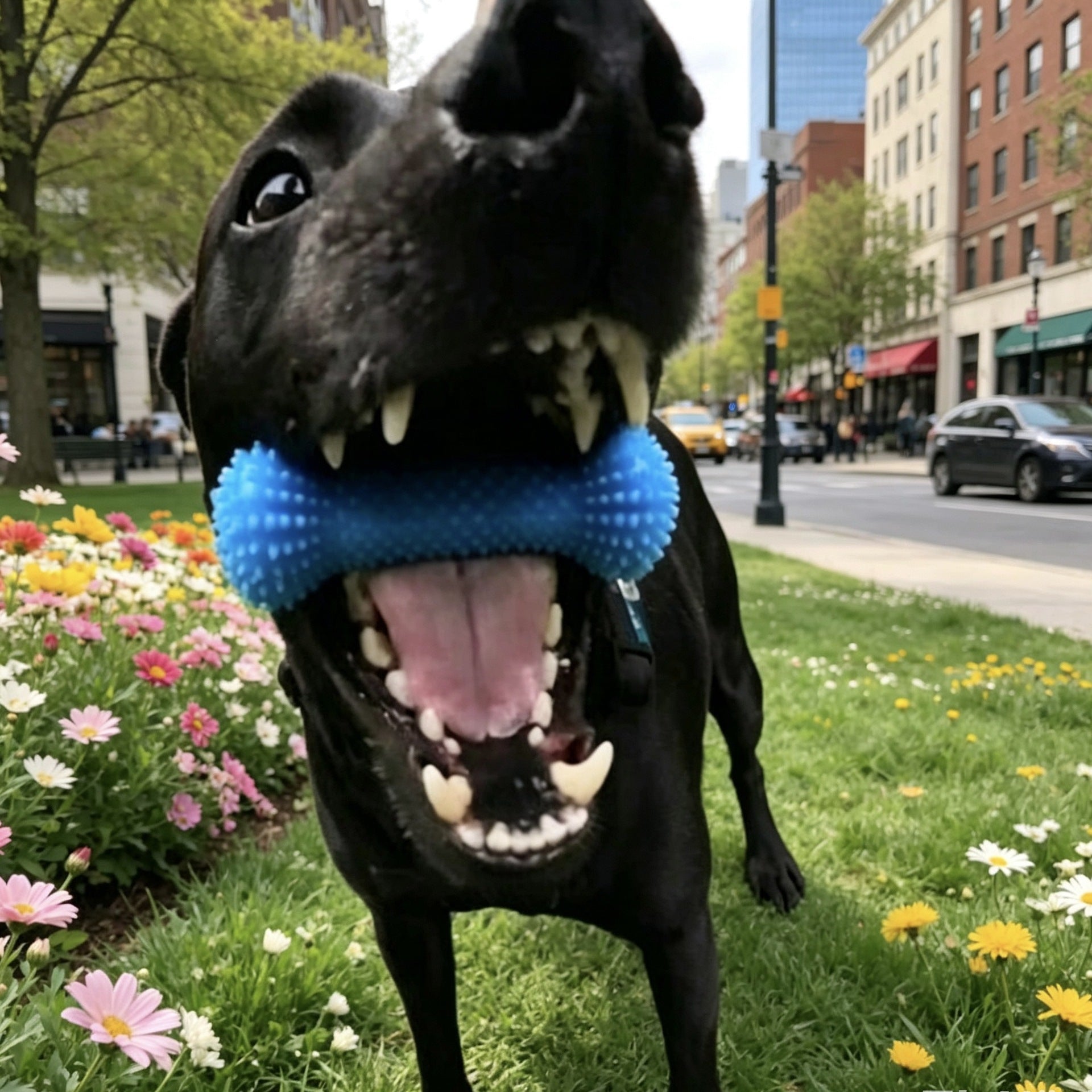 Black dog carrying the blue nubbed bone chew toy in a park scene with flowers and a street behind