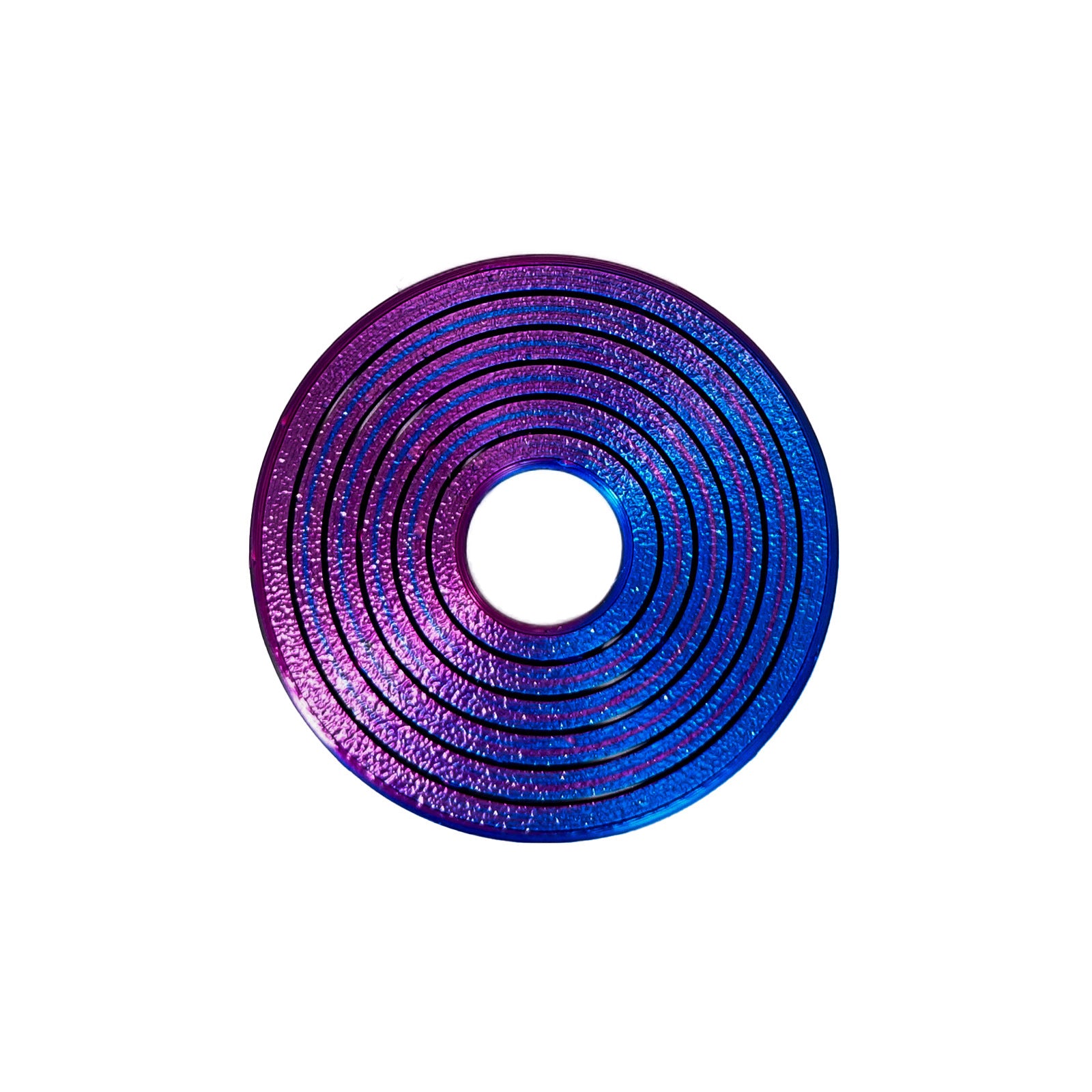 Purple to blue laser gradient gyro ring fidget collapsed flat on a white ground