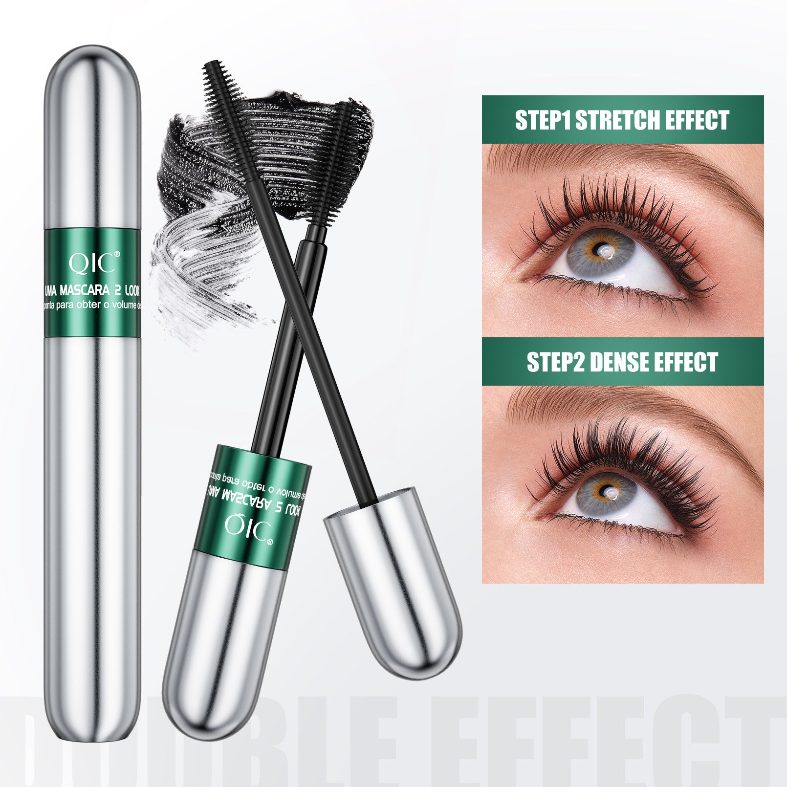 Dual ended waterproof black mascara, silver tube with a fine brush and a dense brush for length and volume