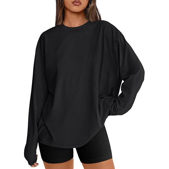 Black loose fit long sleeve rayon top with black bike shorts, front view, size L option