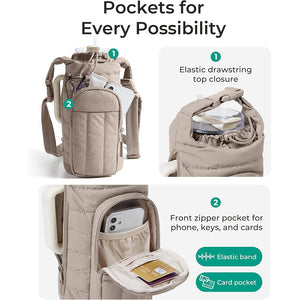 Bottle carrier front zip pocket holding a phone with inner elastic band and card slots