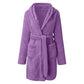Purple plush hooded fleece robe with tie belt, on a plain white background, size L option