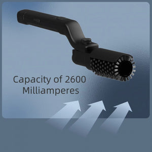 Black electric BBQ grill brush with a steel wire roller head shown on a grey background