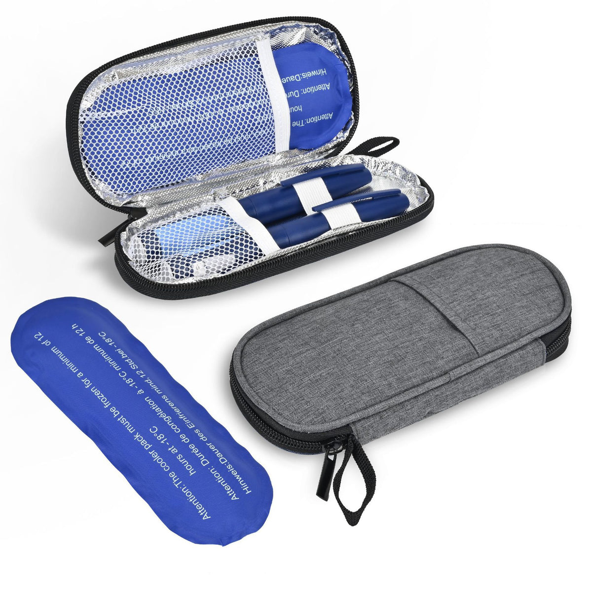 Grey heathered insulated case open with pens and a blue gel ice pack printed with freezing instructions