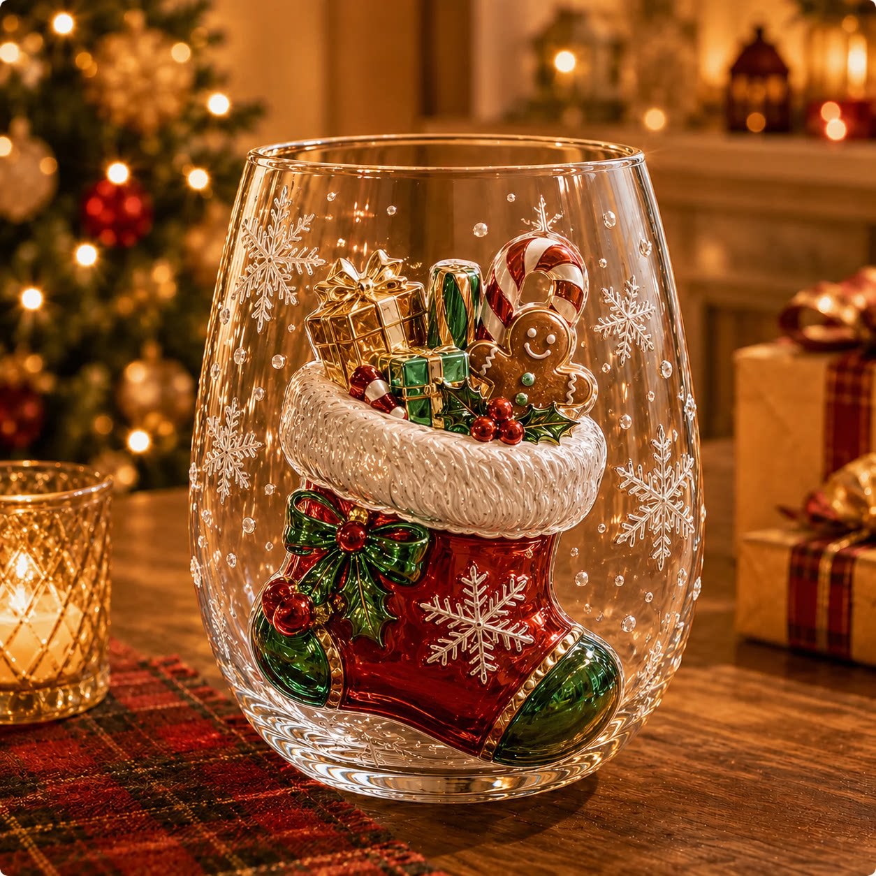 Clear borosilicate Christmas glass cup with a raised painted flat stocking holiday motif