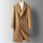 Camel double-breasted long coat with peak lapels and down liner option over a white turtleneck, size 195/XXXXL option