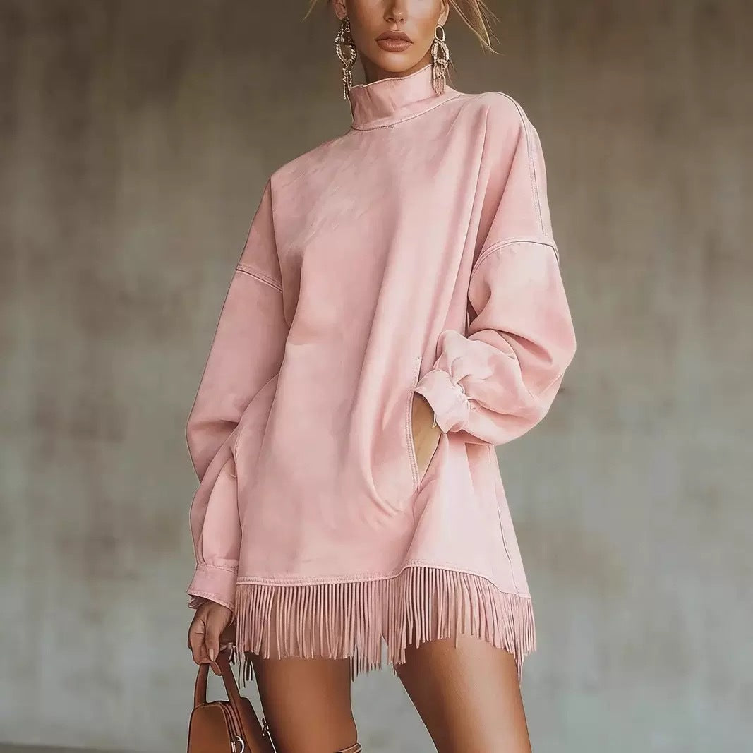 Suede fringe hem and loose tunic body on oversized vegan suede mock neck dress