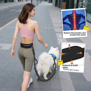 Woman jogging with a dog using a hands free waist belt and a bungee dog leash