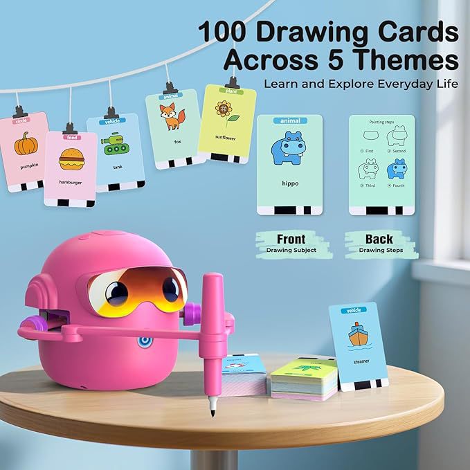 One hundred themed drawing cards fanned out beside the pink robot on a table