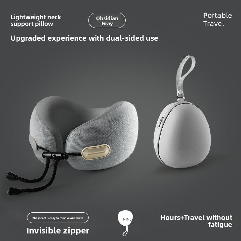 Foldable U-shaped travel neck pillow in a smooth ice silk knit cover with a front toggle