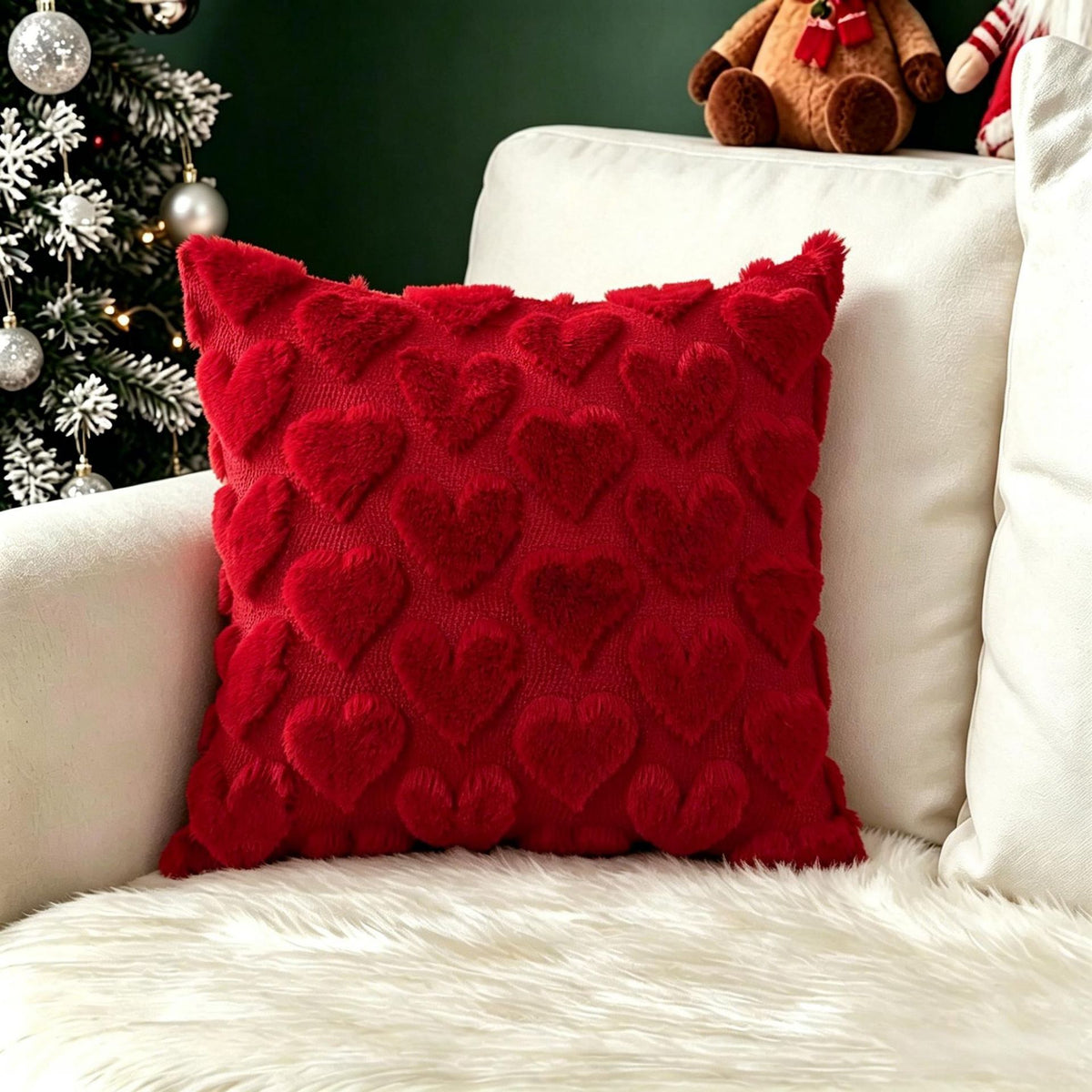 Plush carved cushion cover with green Christmas trees carved into a cream plush face, view 11