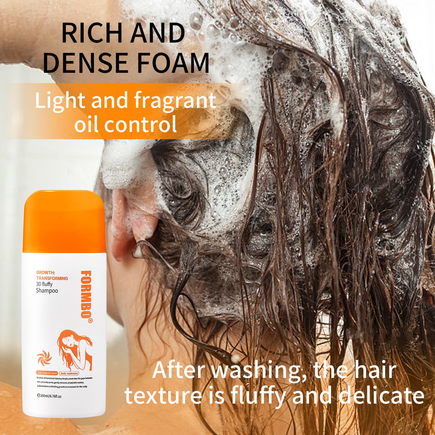Rich white shampoo lather worked through long wet hair during a shower wash