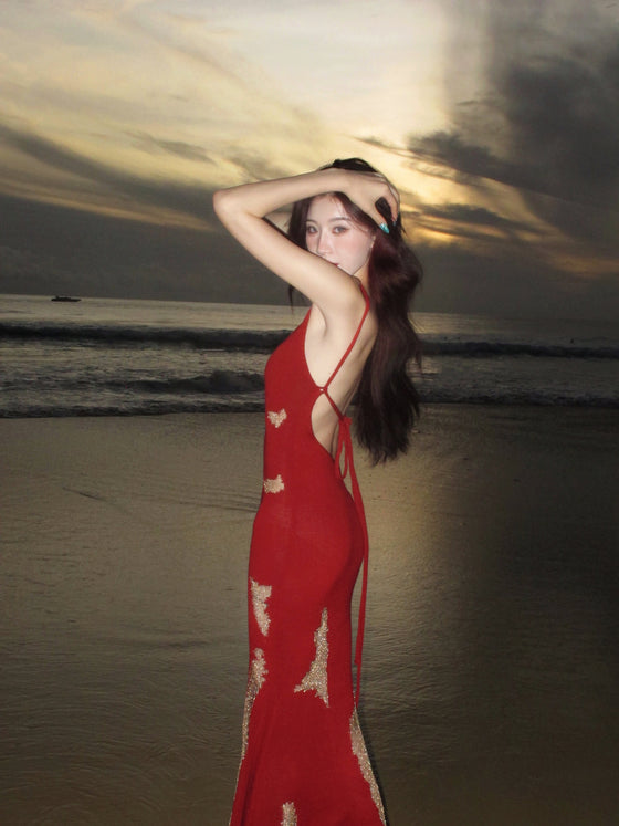 Knitted Hollow Out Backless Tie Up Dress