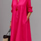 Rose Pink polyester shirt collar long sleeve A-line midi dress on a standing model