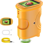 Orange kids digital microscope with 2 inch screen, USB cable and yellow neck strap