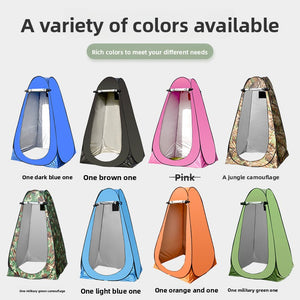 Chart of eight pop up privacy tent colours including blue, brown, pink, orange and two camouflage prints