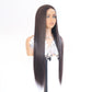 Dark brown long straight lace front wig on a mannequin head, three quarter view with the center part