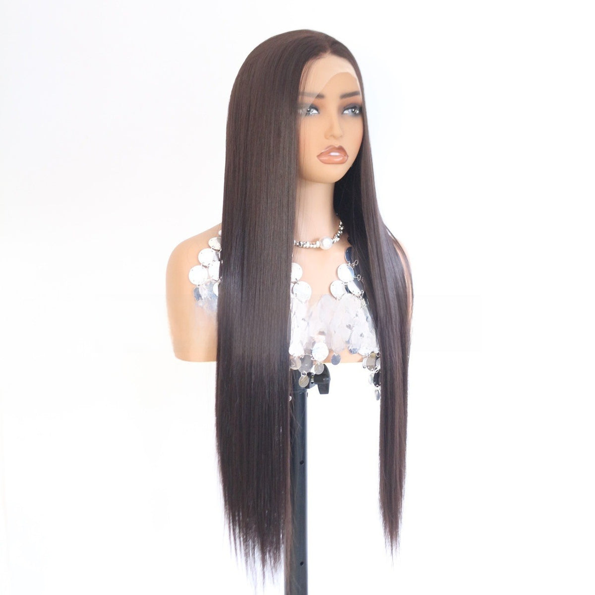 Dark brown long straight lace front wig on a mannequin head, three quarter view with the center part