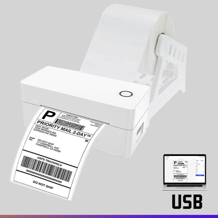 Thermal label printer shown with its power adapter and USB cable