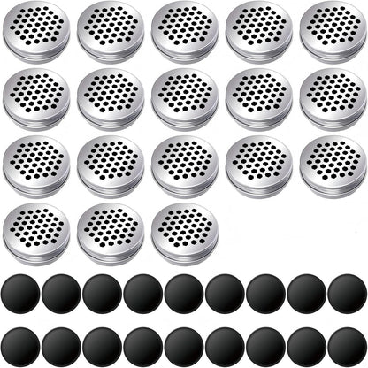 Set of 18 round aluminum dog scent training canisters with 18 black magnets