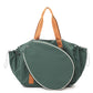 Dark green sports bag with a racket-shaped front panel and tan handles, Dark Green variant