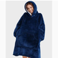 Blue thickened flannel hooded wearable blanket with front pocket, size 120x150 cm