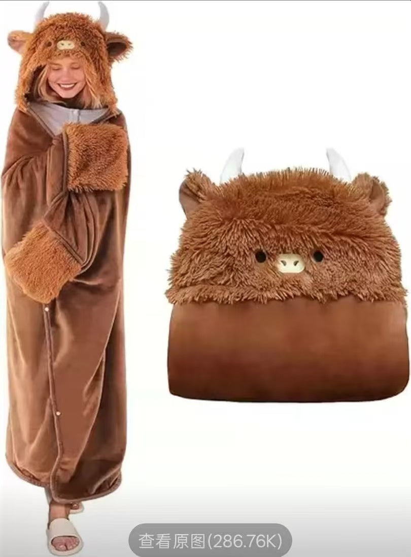 Hooded animal cape blanket in soft flannel with a plush animal face hood and paw cuffs