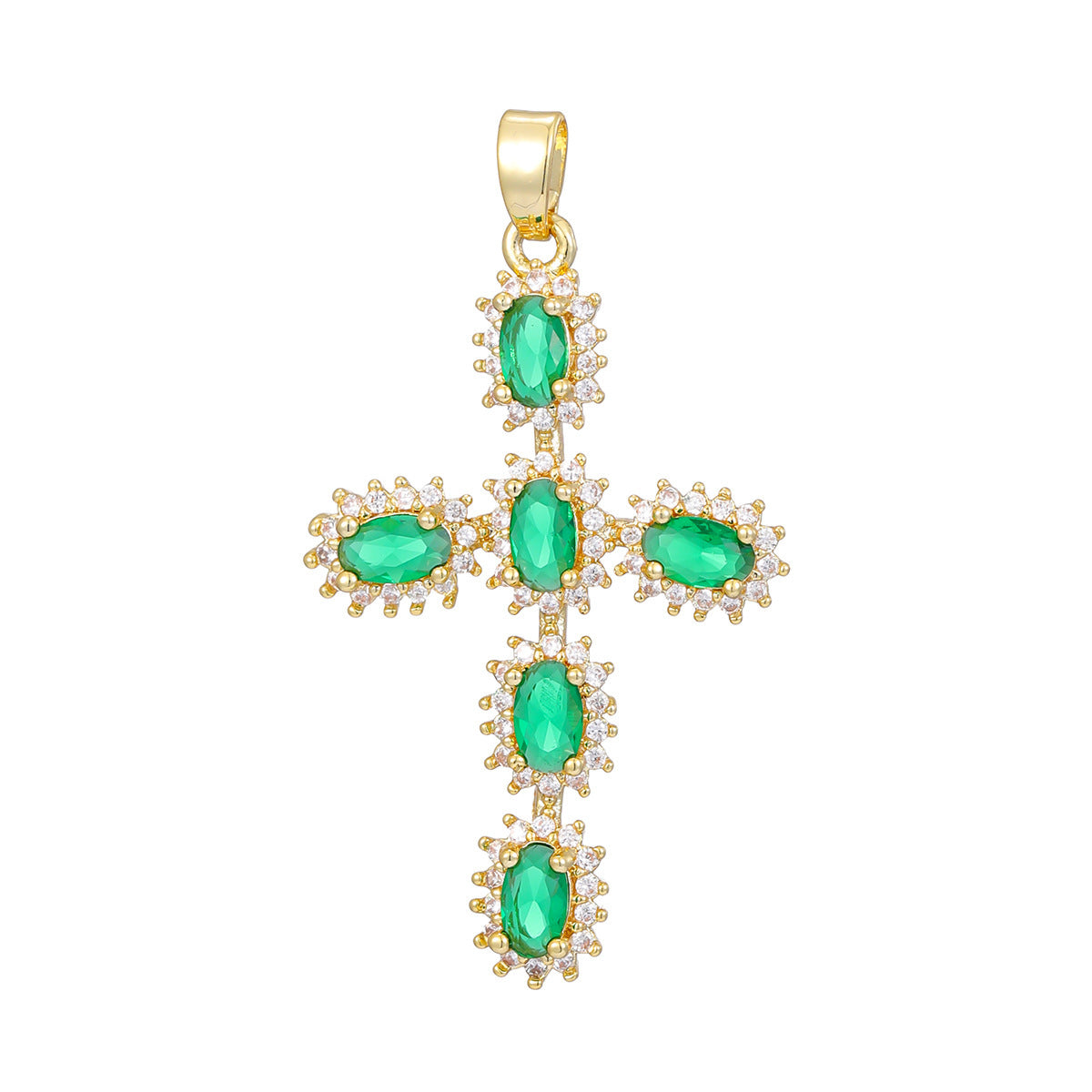 Paved cubic zirconia cross pendant necklace laid flat on a light background
