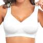 White seamless wireless bra with wide straps, close up on a model, White option, size L