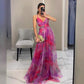 Mesh print sling maxi dress, side profile showing the long flowing drape