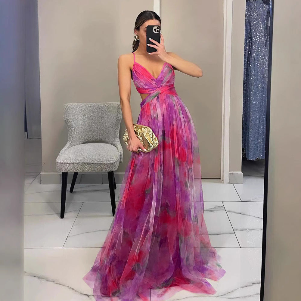 Mesh print sling maxi dress, side profile showing the long flowing drape
