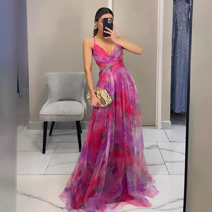 Mesh print sling maxi dress, side profile showing the long flowing drape