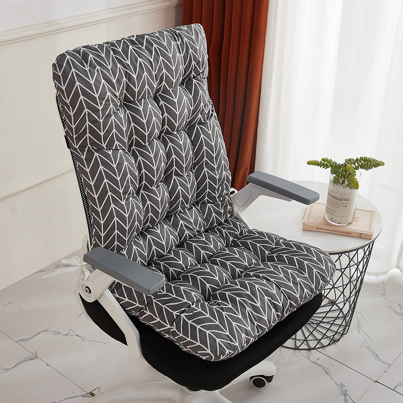 Gray chevron flannel one-piece cushion covering an office chair back and seat