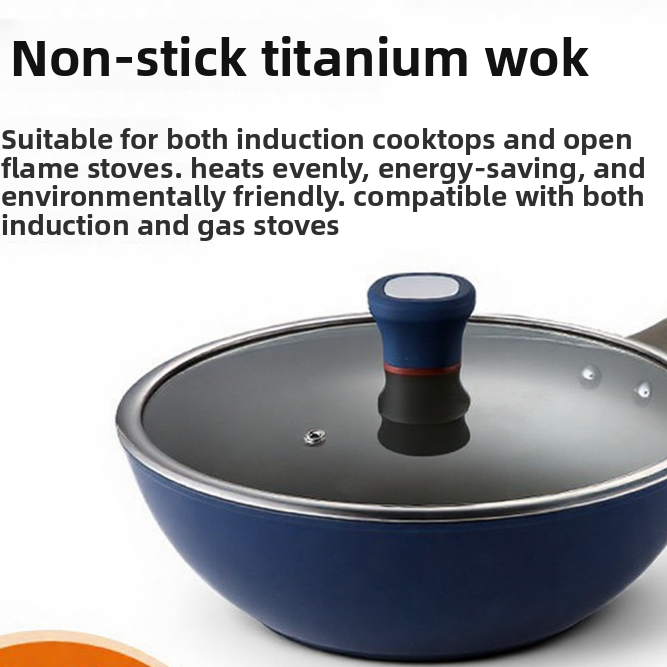 Navy blue titanium non-stick pan with vented glass lid and blue handle