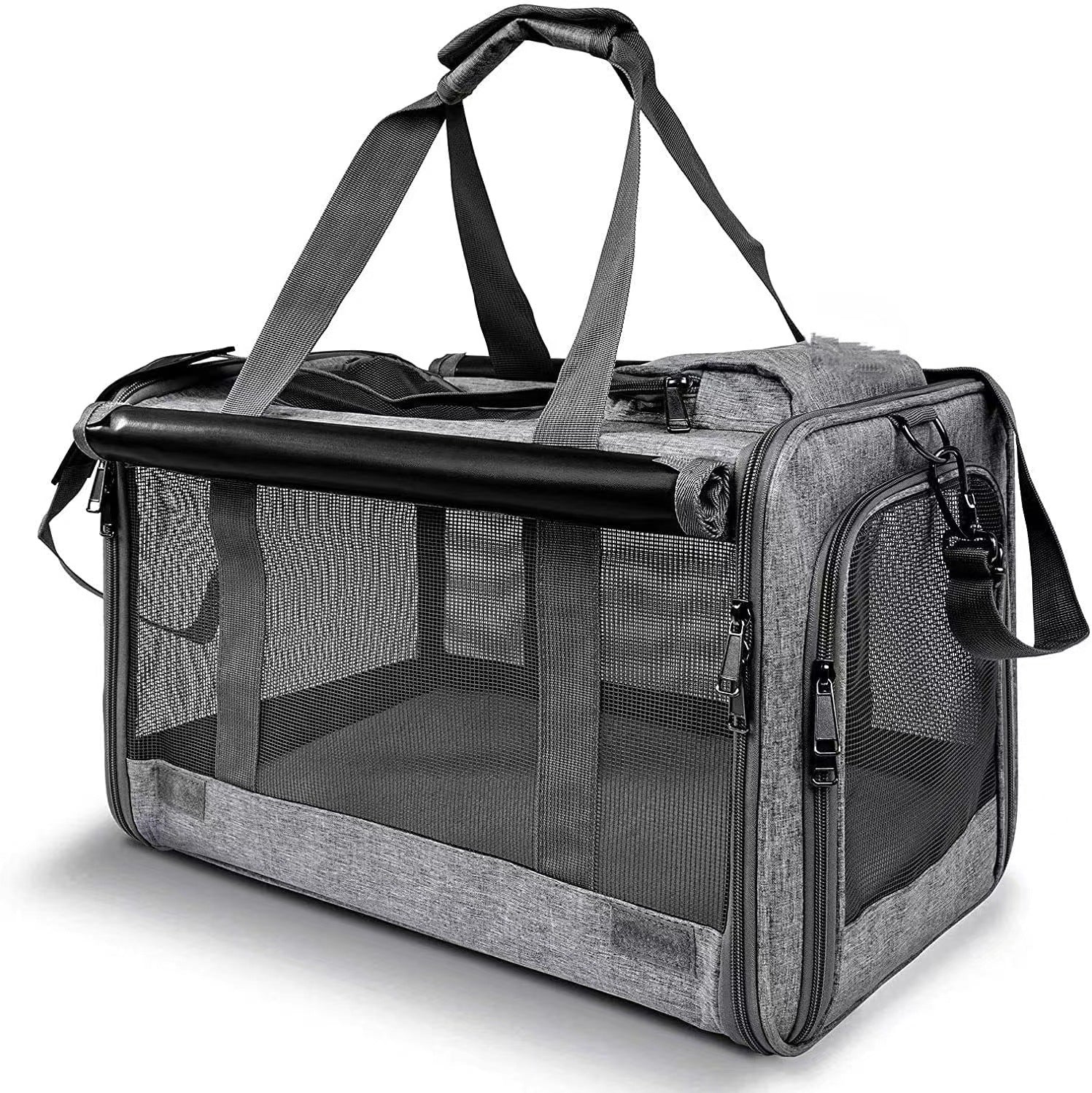 Grey Oxford soft cat carrier with mesh windows, top zip and shoulder strap