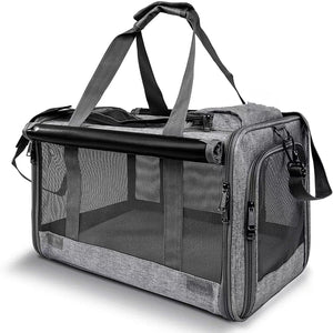 Grey Oxford soft cat carrier with mesh windows, top zip and shoulder strap