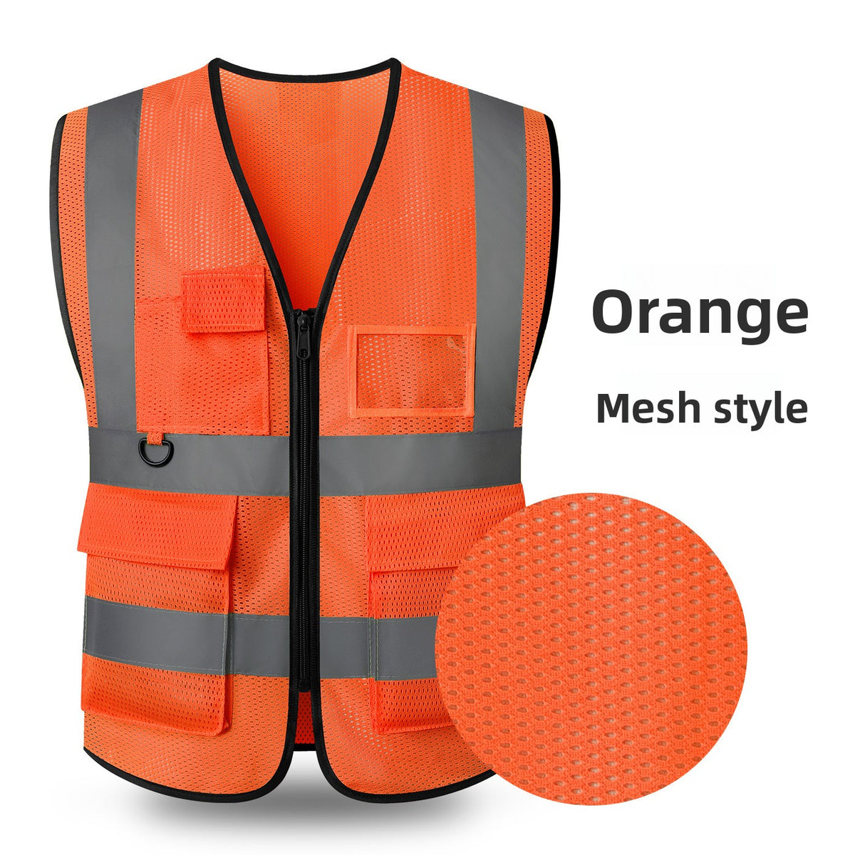 Orange mesh reflective work vest with perforated fabric, gray strips and flap pockets