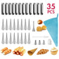 35 piece pastry tool set with 12 tube molds, 16 cone molds, piping bag, nozzles, coupler and brush