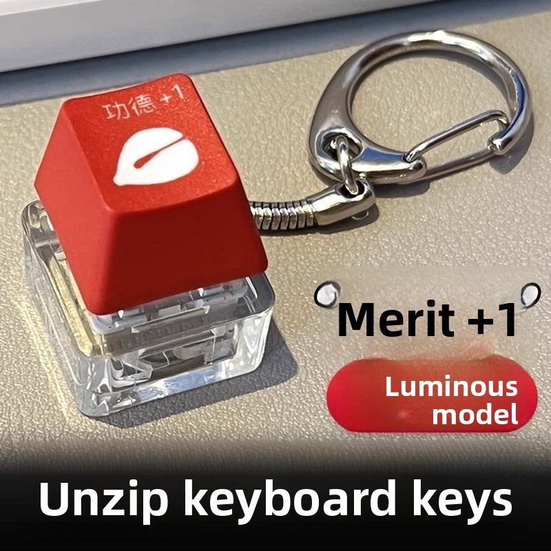Single red keycap clicker keychain with a steel ring and spring chain