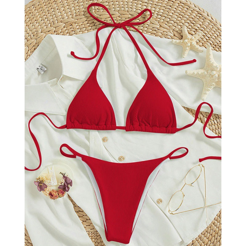 Red ribbed halter triangle bikini set with tie side briefs, flat lay, size M variant