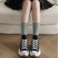 Black high-top platform canvas sneakers with white laces seen from the front on a parquet floor with gray socks