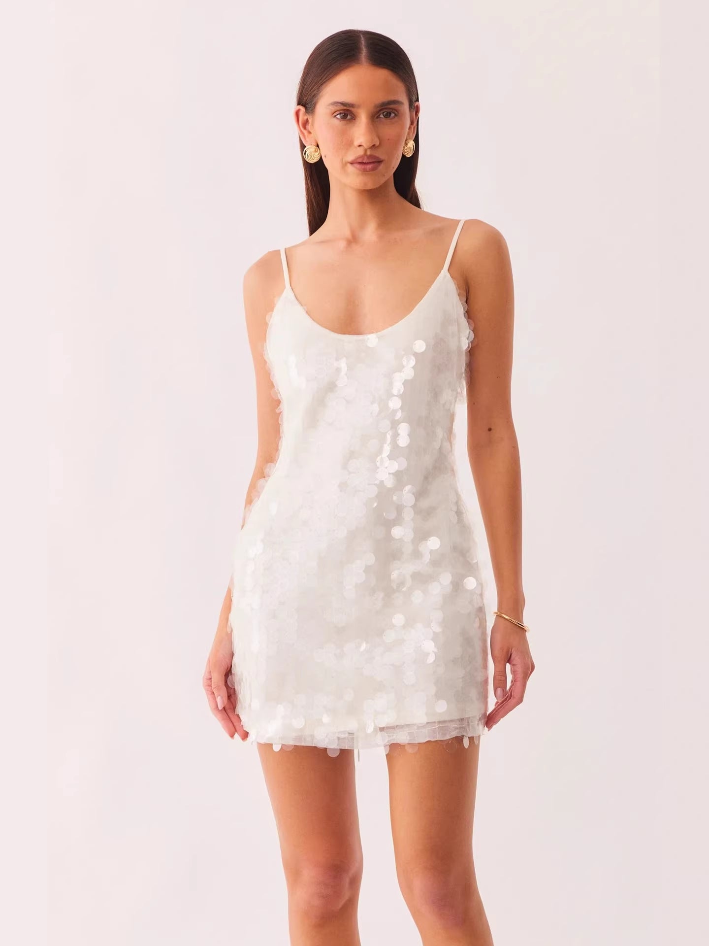 Blue sequin bodycon dress laid flat showing the full all-over sequin surface