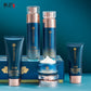 Hankey Polypeptide cleanser tube, essence water bottles, cream jar and BB cream tube on a blue background