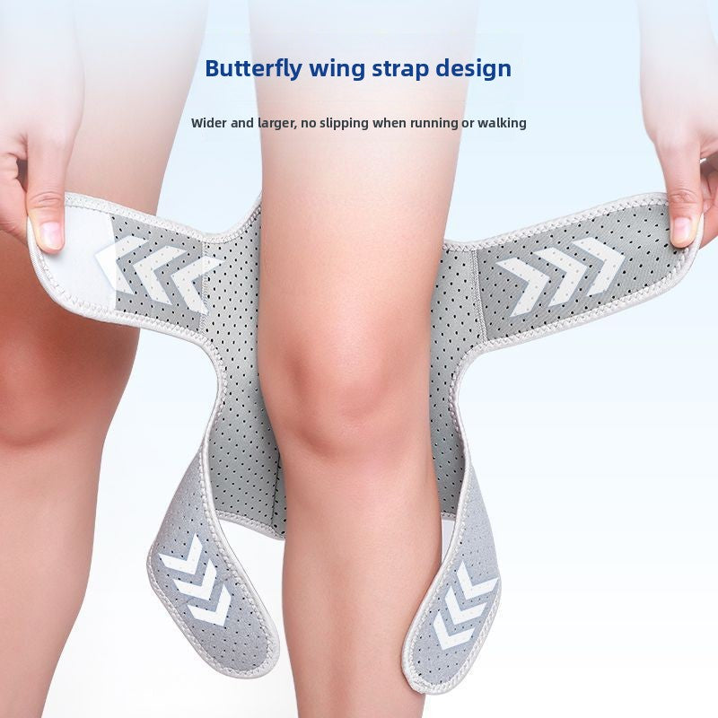Maker panel showing the two wing straps of the knee wrap held open behind a leg